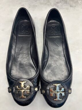 Tory Burch Black Leather Logo Ballet Flats with Gold Medallions